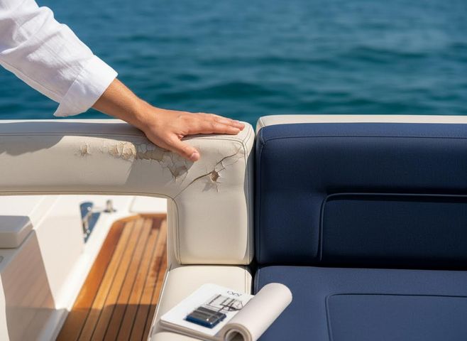 A hand rests on severely cracked cream marine upholstery next to a pristine navy blue cushion, highlighting wear and the need for repair. Damaged and New Marine Upholstery Comparison