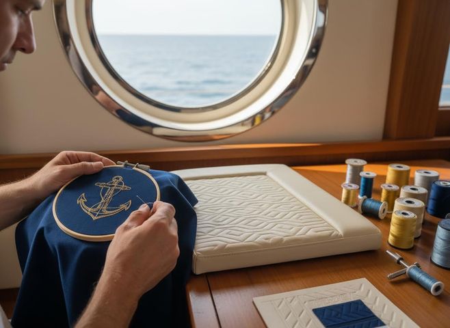A person embroiders a golden anchor on blue fabric inside a yacht. Spools of thread and quilted samples are on the table next to a porthole with sea view. Embroidering an anchor design on a yacht