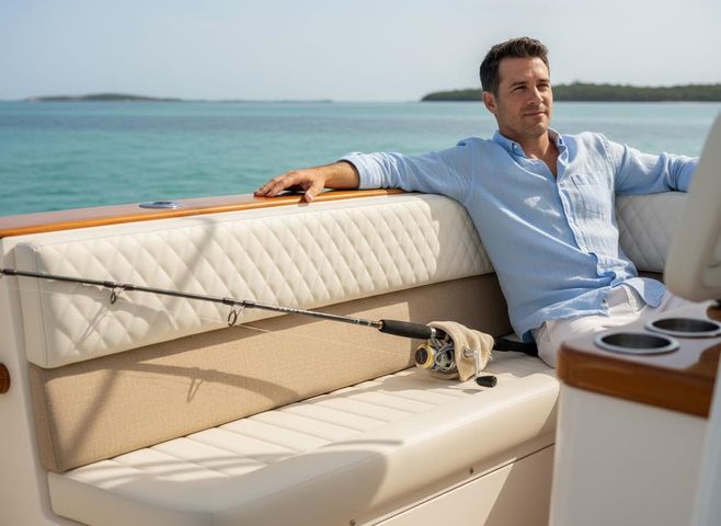 A man in a light blue shirt and white pants relaxes on a boat, looking at the turquoise ocean. A fishing rod rests beside him. Man relaxing on a boat with fishing rod