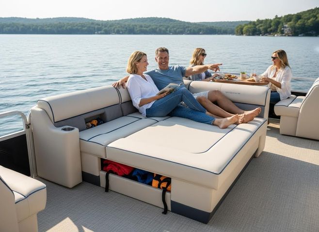 Four friends enjoy a sunny day on a pontoon boat; two relax on a lounge while two others eat at a table with lake views. Friends relaxing on a pontoon boat on a lake