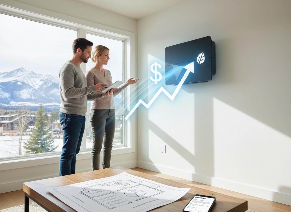 Couple reviewing home energy system with projected savings