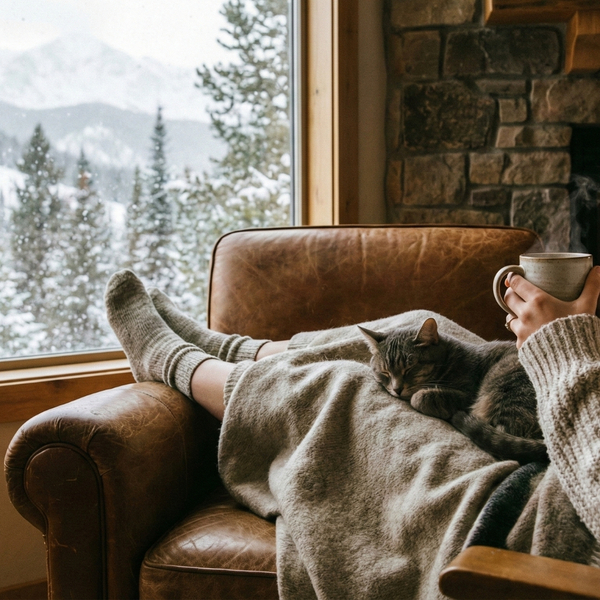a person relaxing in a cozy living room armchair by a window looking out at a snowy landscape