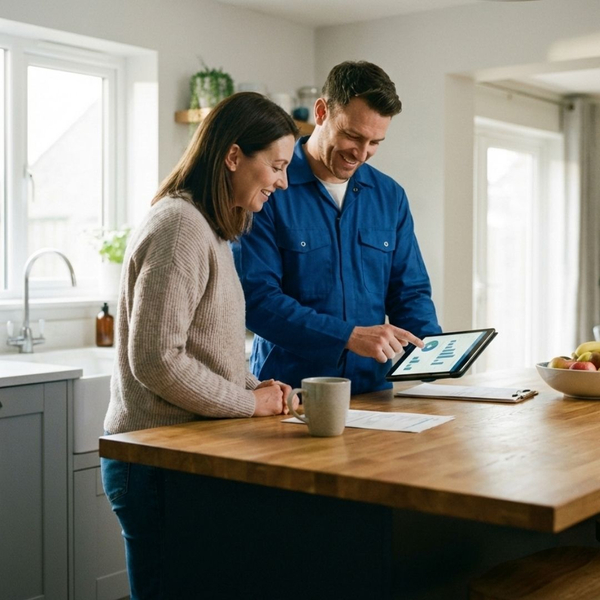 An HVAC technician and a homeowner discussing installation options over a tablet in a kitchen.