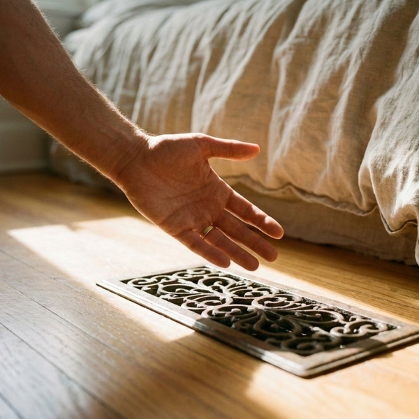 A hand feeling for airflow coming from a floor vent in a sunny room.