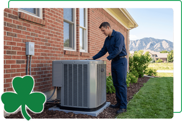 A professional technician in a blue uniform inspecting a modern outdoor AC unit next to a brick home in Louisville, Colorado, with the Flatirons in the background.
