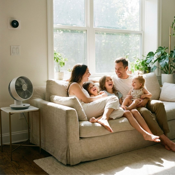 A family relaxing comfortably on a sofa in their cool, well-air-conditioned living room.