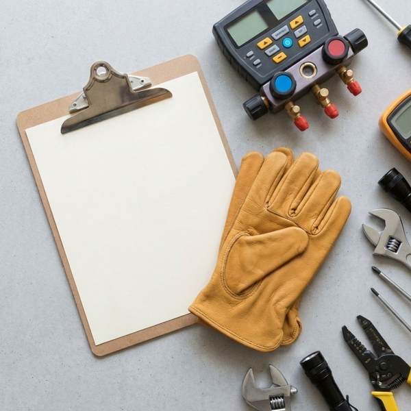 Professional HVAC tools and a clipboard laid out neatly to represent a repair estimate.