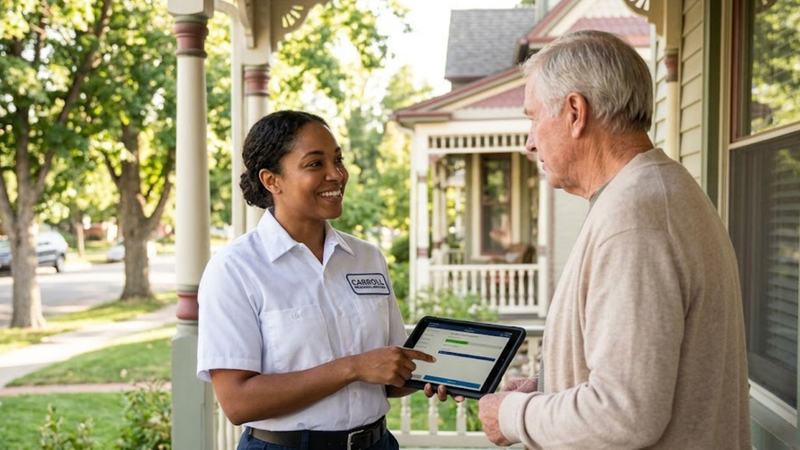 A Carroll Mechanical Services team member talking to a homeowner.