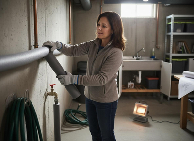 A woman in work gloves insulates a water pipe on a concrete wall in a basement, improving home energy efficiency. A utility sink and heater are visible. Woman Insulating Basement Pipes