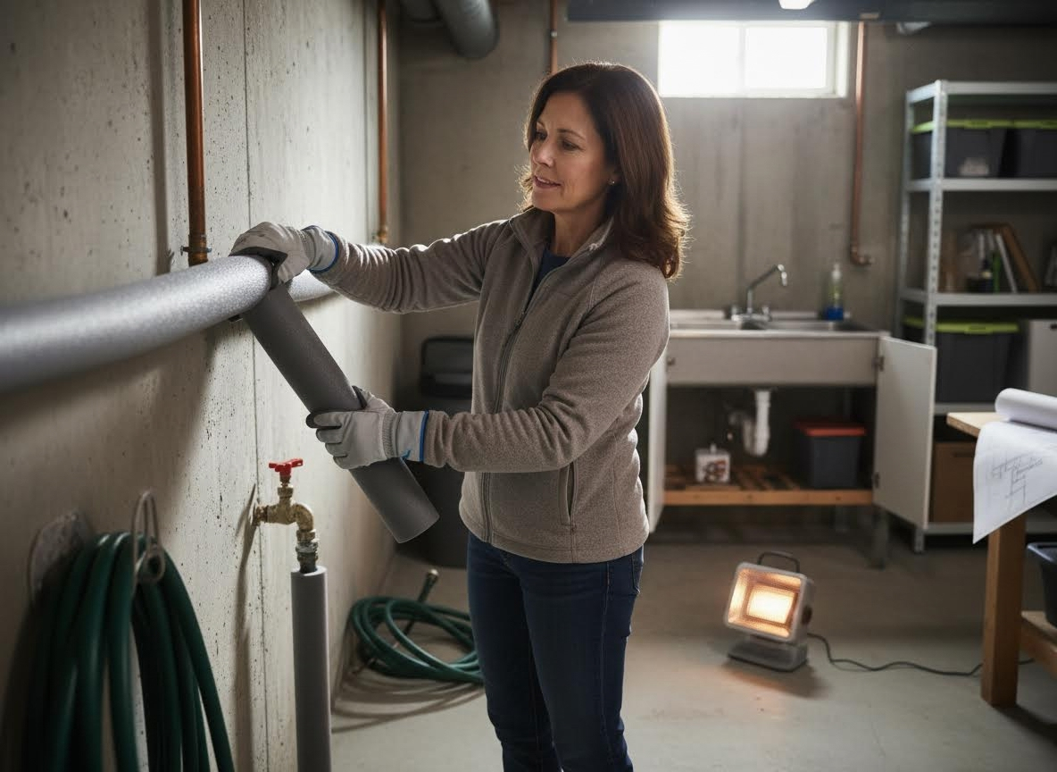 Woman Insulating Basement Pipes