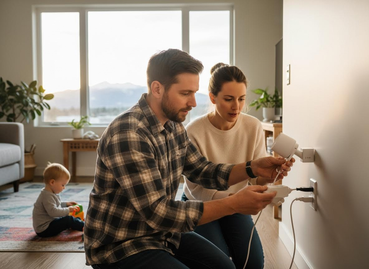 Couple installing smart home device