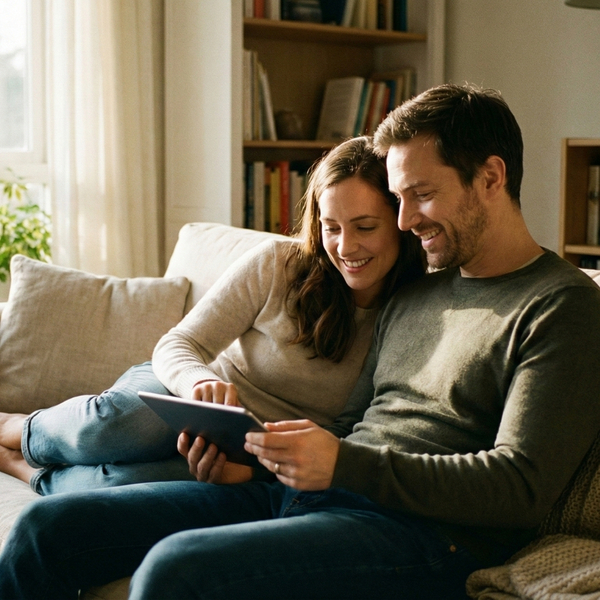 A couple relaxing on a sofa looking at a tablet with natural light streaming in.