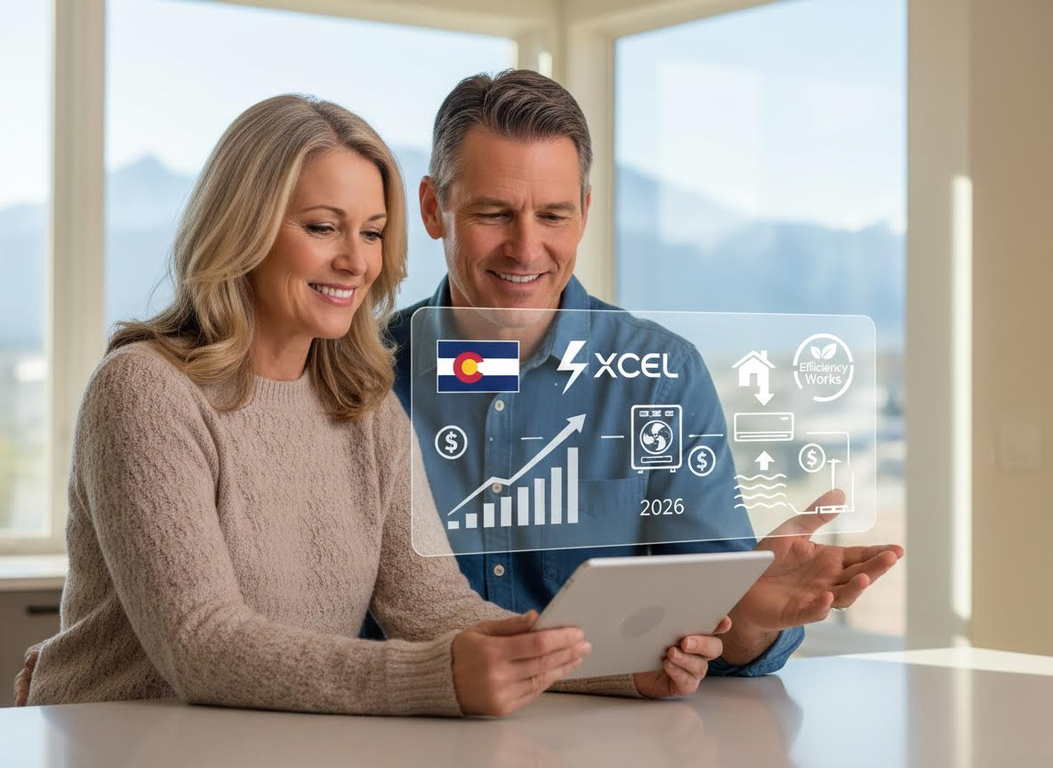Couple reviewing home energy efficiency program on tablet