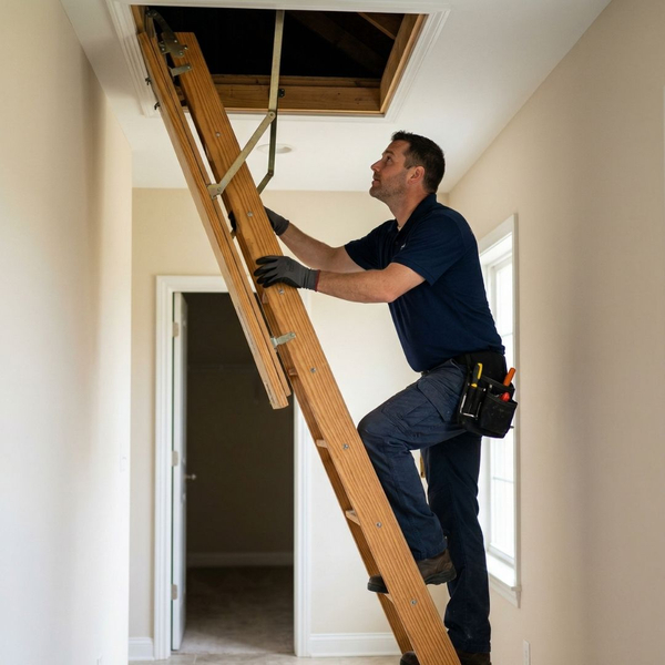 HVAC technician in a work uniform climbs a pull-down wooden attic ladder