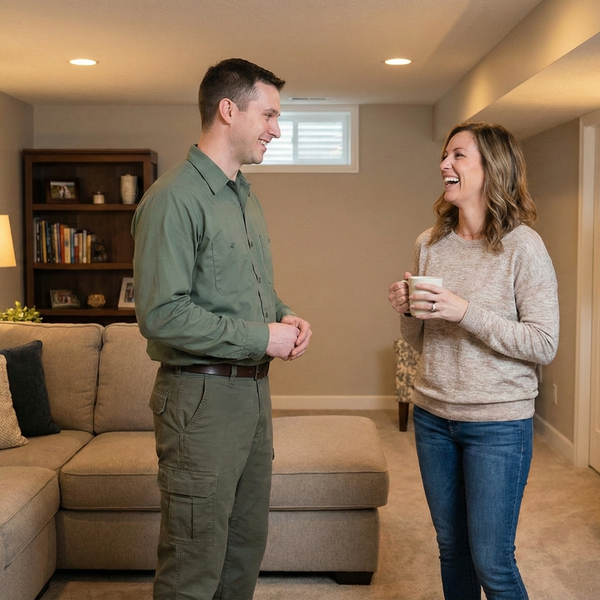 A professional technician speaking pleasantly with a homeowner in a finished living area.