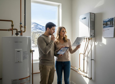 A man and woman review documents and a tablet, comparing a traditional water heater with a tankless model in a bright room with a snowy mountain view. Couple evaluating traditional vs. tankless water heaters