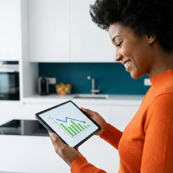 a person smiling while looking at a tablet displaying a graph with a downward trend