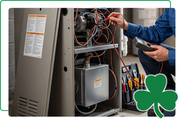 stock image of a furnace repair in Loveland, Colorado, taken by a professional photographer. A female HVAC technician is kneeling in a basement utility room, looking into the opened compartment of a modern high-efficiency gas furnace, using a multimeter to