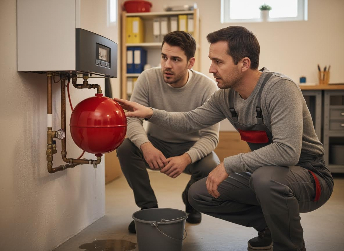 Plumber Explaining Leaking Water Heater to Homeowner