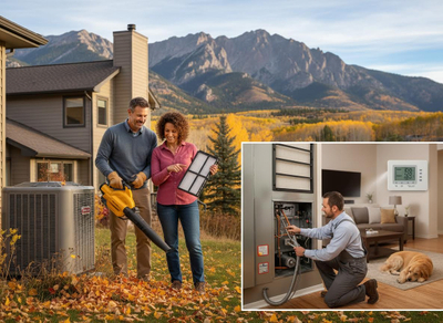 Collage of a couple doing outdoor HVAC unit and air filter checks, and a technician servicing a furnace indoors with a dog nearby. Home HVAC Maintenance: Outdoor Unit, Air Filter, Furnace Service & Thermostat in Autumn