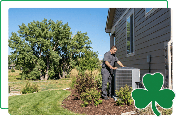 A technician in a clean, unbranded charcoal gray uniform services an outdoor air conditioning unit at a suburban Windsor, Colorado home, with mature cottonwood trees and a blue sky in the background.