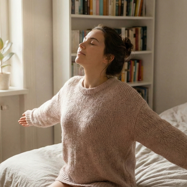A woman taking a deep, relaxing breath in a clean, minimalist bedroom.