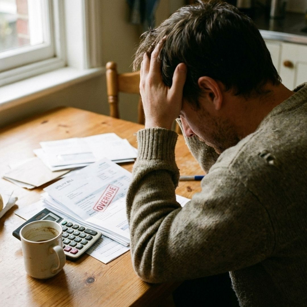 A person looking worried while reviewing utility bills and a calculator at a table.