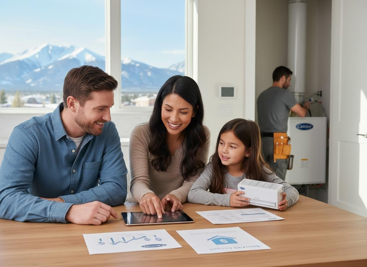 Family with technician and new Carrier HVAC system