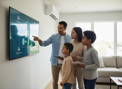 A family of four (two parents, two sons) stands in their living room, looking at a large TV displaying a smart home interface with a house diagram and CO/refrigerant leak detectors. The father points at the screen while the sons hold tablets, all engaged with the smart technology. Family interacting with smart home system on large screen