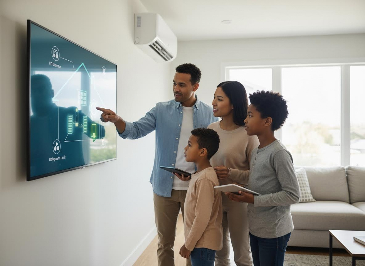 Family interacting with smart home system on large screen