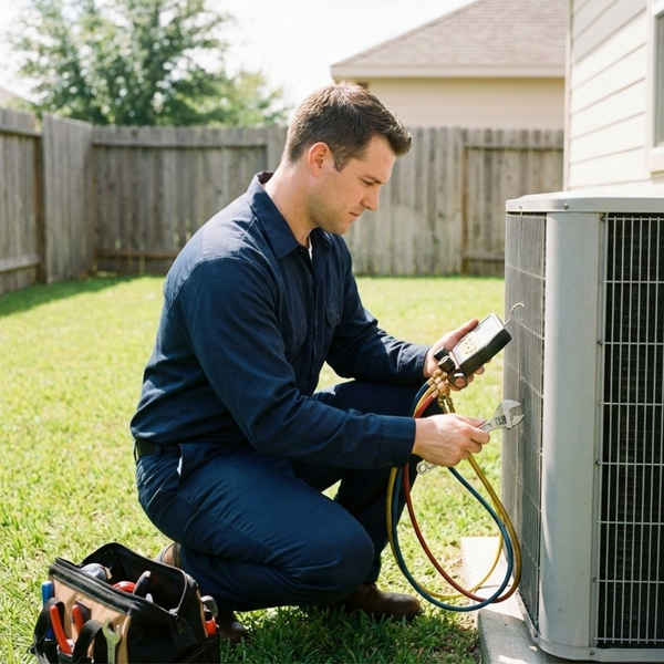 A professional HVAC technician inspecting an outdoor air conditioning unit with tools.