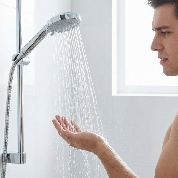 Man waiting for shower to heat up