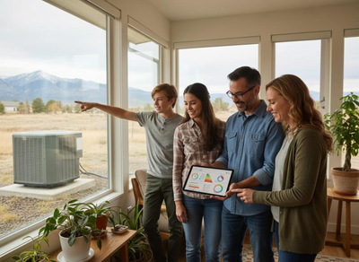 A family of four smiles while reviewing energy efficiency charts on a tablet, with an HVAC unit visible outside a large window overlooking mountains. Family reviewing home energy efficiency data with outdoor HVAC unit