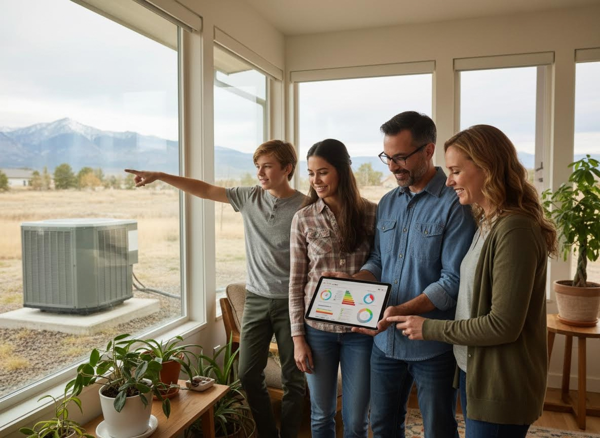 Family reviewing home energy efficiency data with outdoor HVAC unit