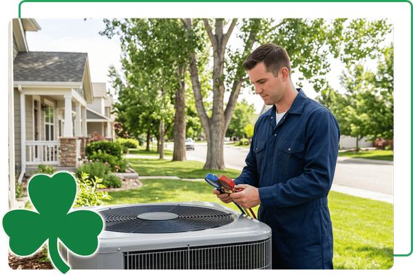 A close-up 16:9 photograph of a focused technician in an unbranded uniform servicing an air conditioning unit outside a charming Niwot residential home.