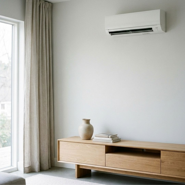 A sleek white ductless mini-split indoor unit mounted on a wall in a modern room.