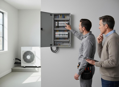 A technician points inside an open electrical panel on a wall, while a man holding a tablet observes. An HVAC unit is in the background. Technician explaining electrical panel components to a homeowner with an HVAC unit nearby