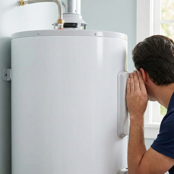 Man putting his ear to a water heater