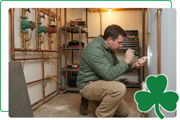 Man inspecting a water heater in a mechanical room