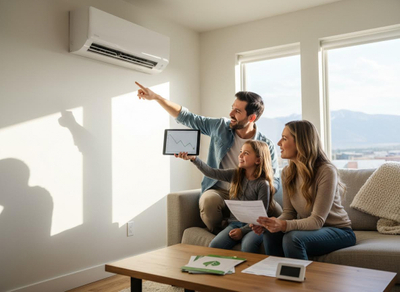 Family admiring new AC unit and energy savings