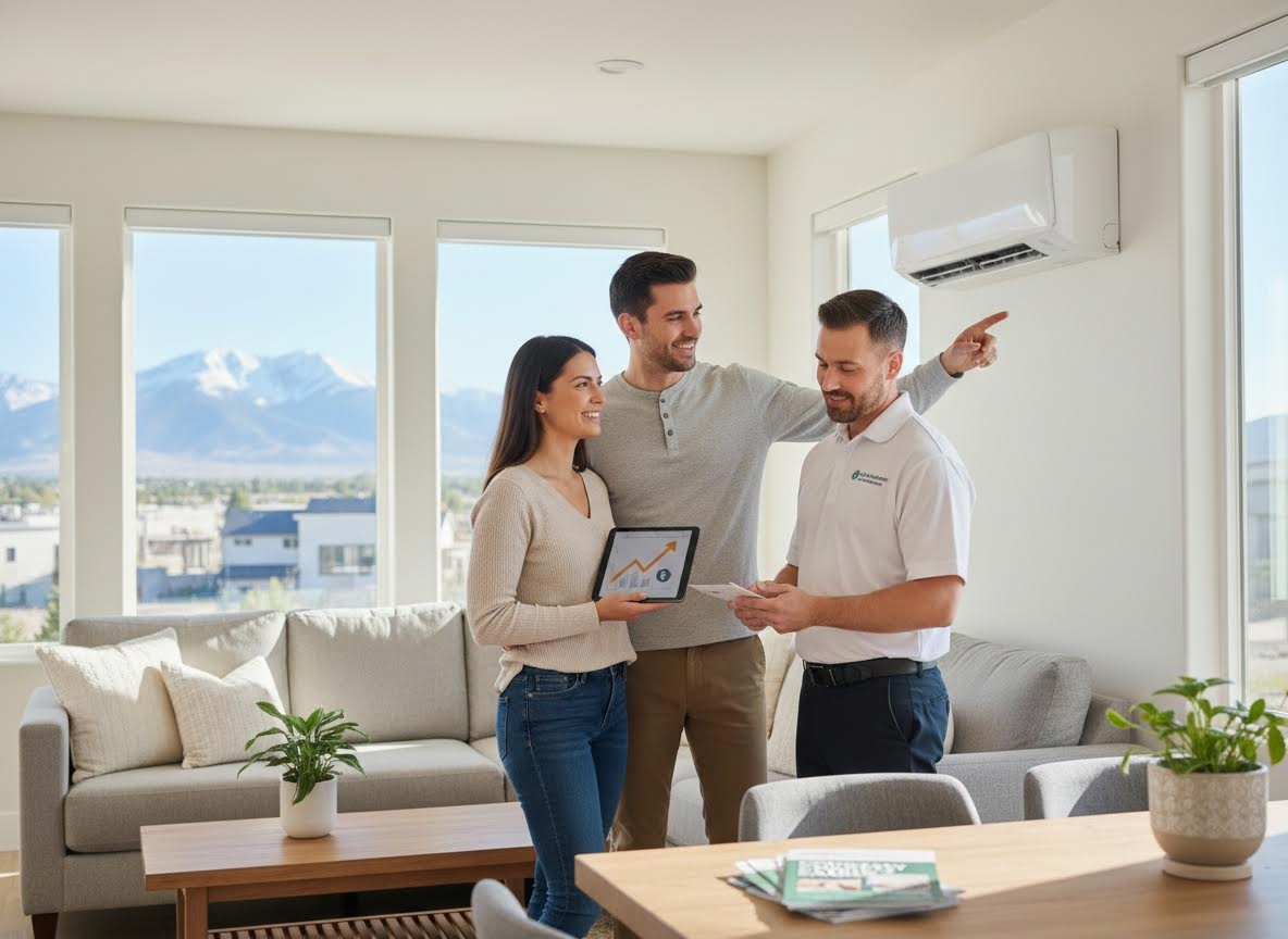 HVAC Technician Explains AC Benefits to Happy Couple