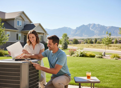 A happy couple performs maintenance on their outdoor air conditioning unit, with a new filter in hand, in front of their suburban home and mountains. Couple Cleaning Outdoor HVAC Unit