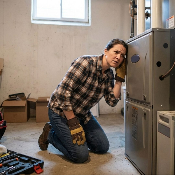 A homeowner listening intently with a concerned expression to their basement furnace.