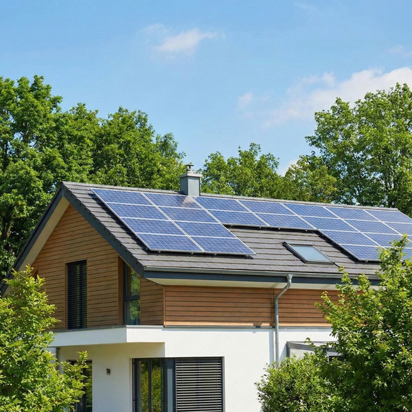 a house with solar panels on the roof, surrounded by green trees under a blue sky