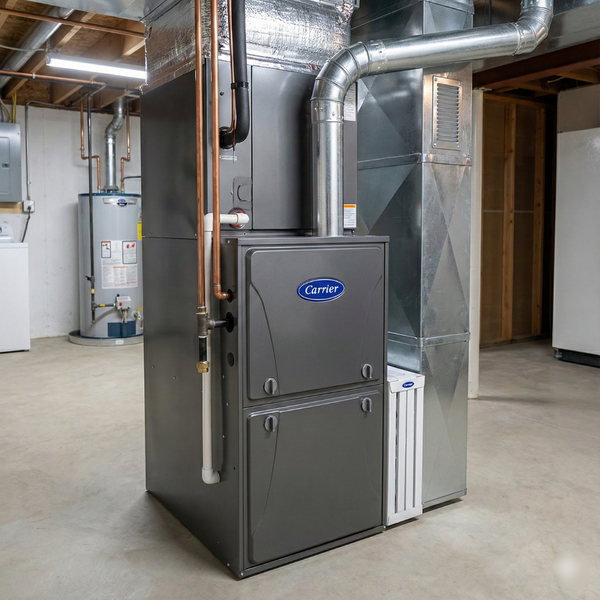 A modern, high-efficiency Carrier furnace installed in a clean, well-lit residential utility room.