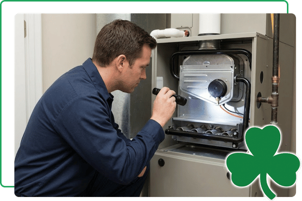 A technician in a utility room inspecting the internal components, burners, and heat exchanger of a modern residential gas furnace in Louisville.