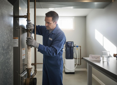 A professional technician in a blue uniform and gloves uses a wrench to service a pipe with mineral buildup next to a water filtration unit. Technician Servicing Water Pipes and Filtration System