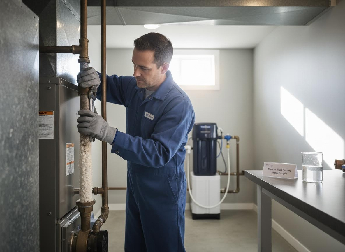 Technician Servicing Water Pipes and Filtration System