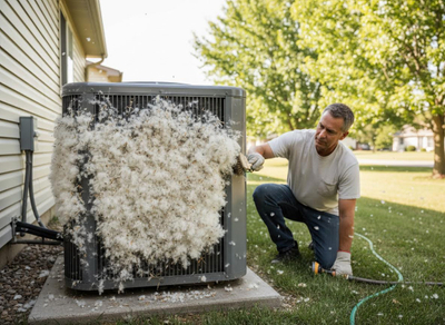 Man cleaning an outdoor AC unit covered in cottonwood fluff