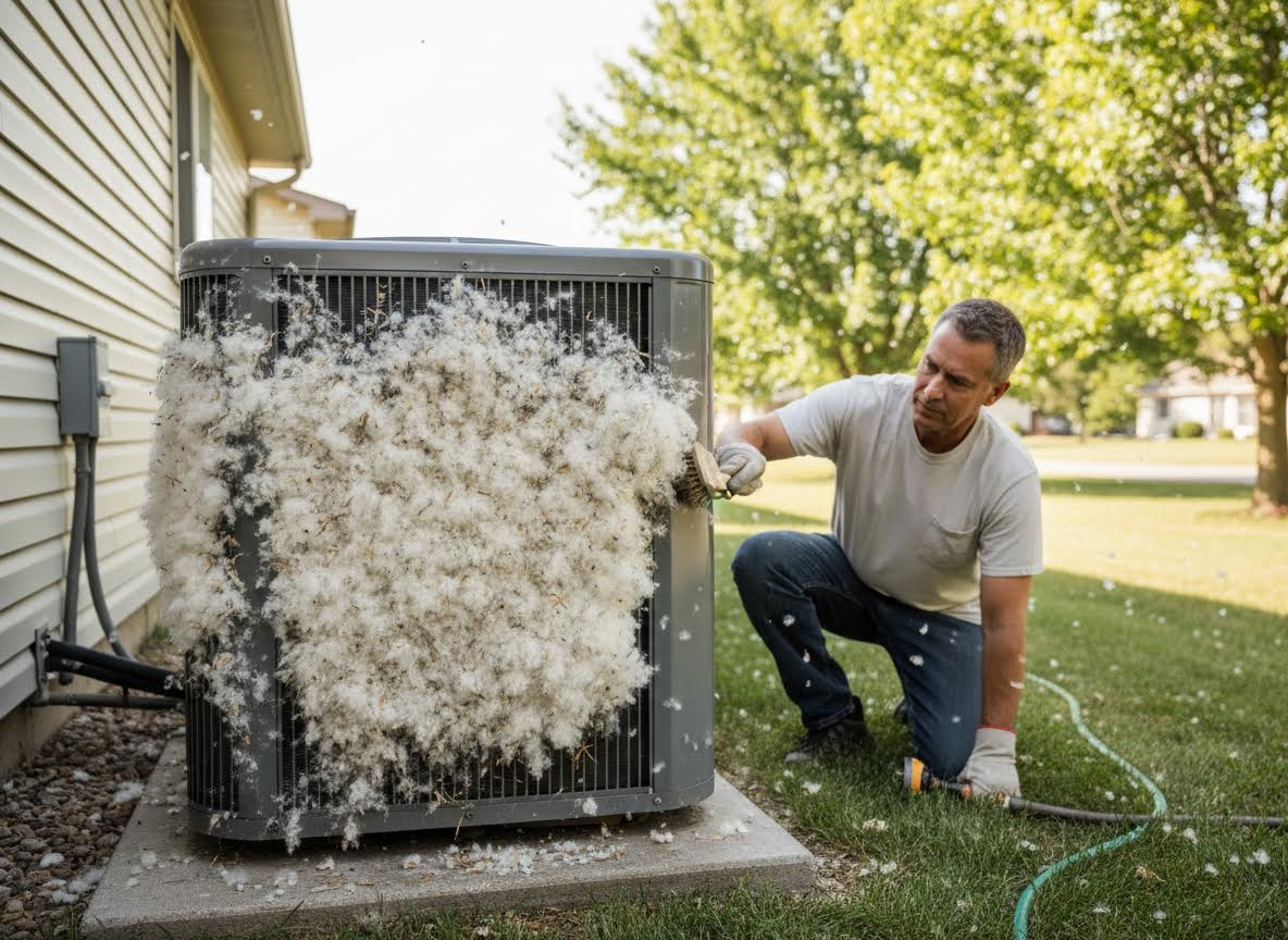 Man cleaning an outdoor AC unit covered in cottonwood fluff